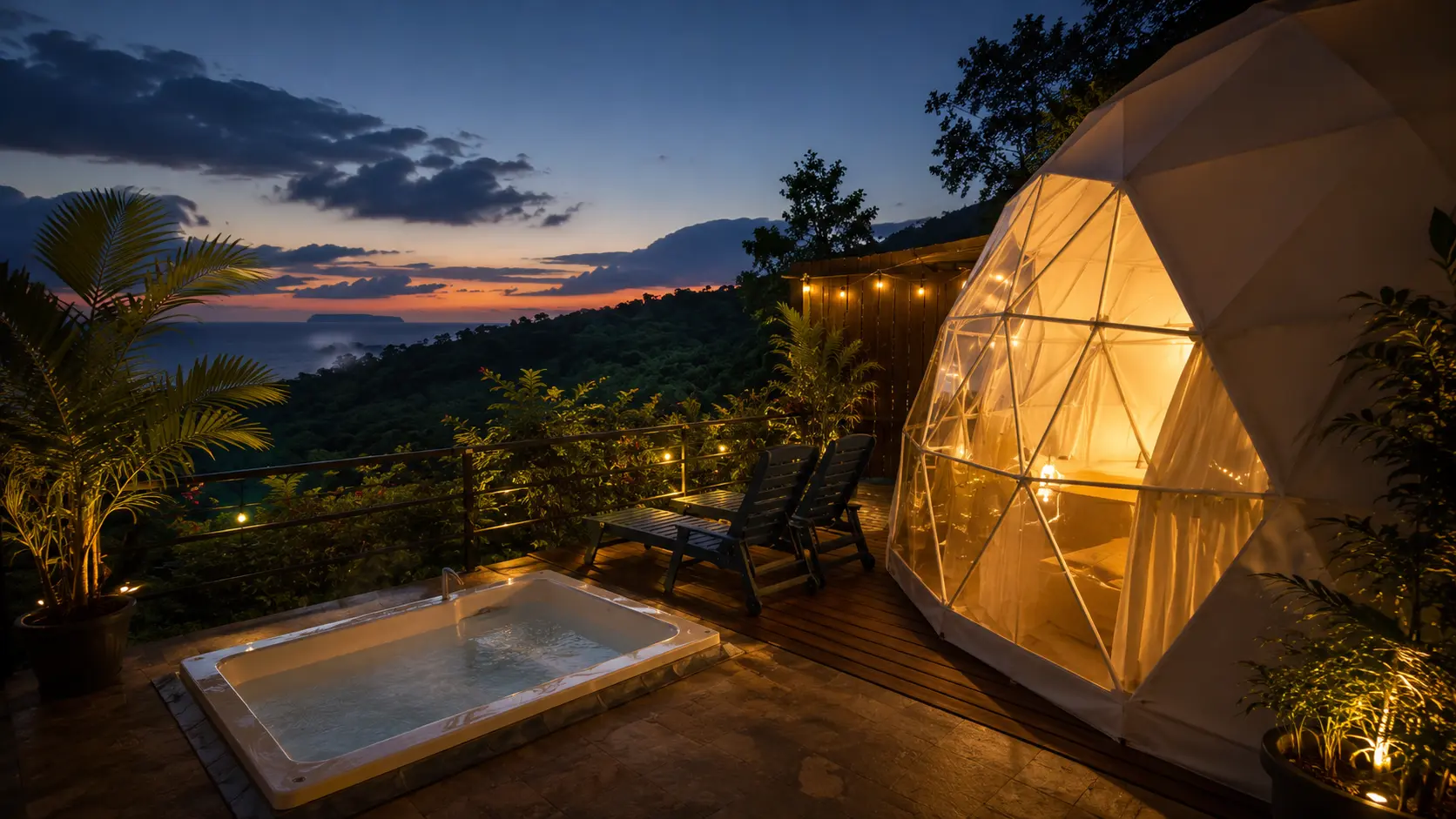 Ocean-view glamping dome glowing at dusk in the Osa Peninsula rainforest, Costa Rica