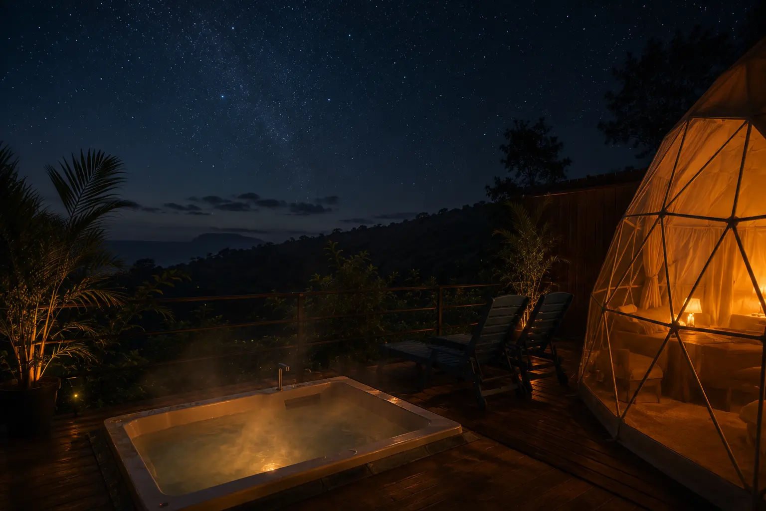 Private jacuzzi steaming at night beside a glamping dome at Sukia Kin, Costa Rica