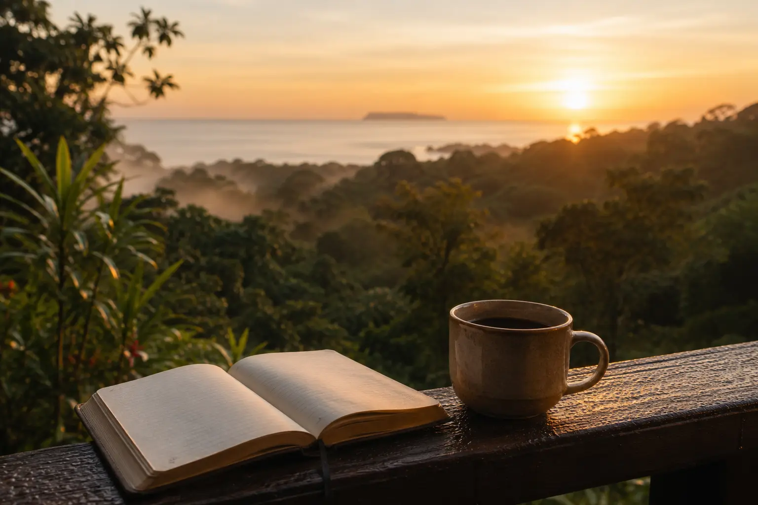 Open journal and coffee at sunrise over the Osa Peninsula rainforest at Sukia Kin