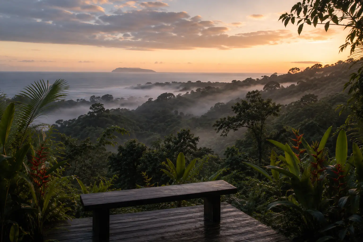 Contemplation deck at dawn overlooking the Pacific from the Osa Peninsula